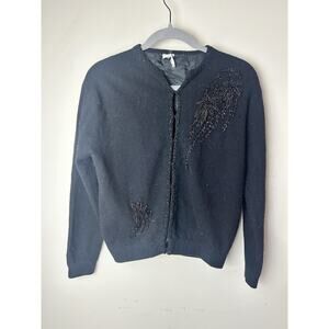 Vintage 1950's 60's ? Lambs Wool & Angora Beaded Cardigan Sweater Black Large